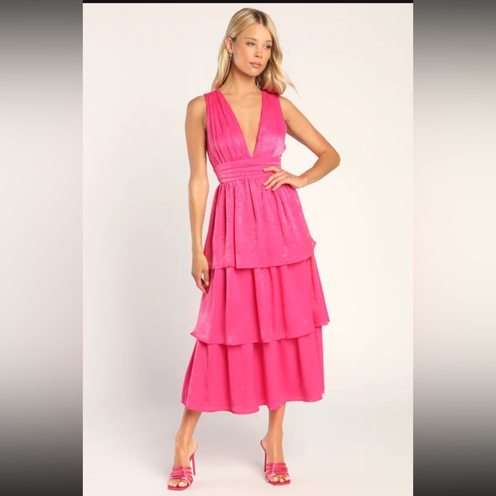 Hot Pink Satin Tiered Tie Back Midi Dress - Lulus size small - Brand New